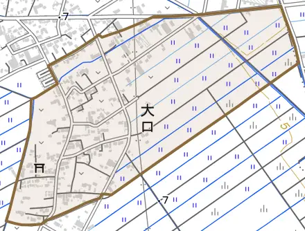大字大口とその周辺の地図。町の範囲を重ねている