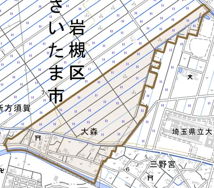 大字大森とその周辺の地図。町の範囲を重ねている