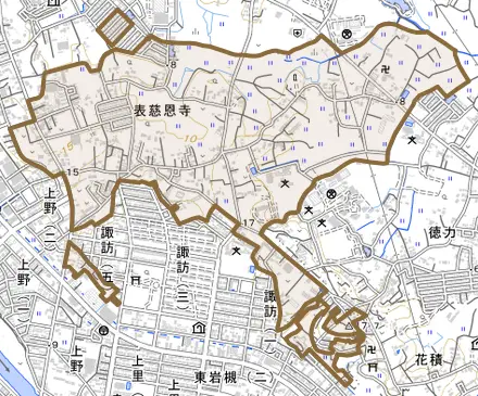大字表慈恩寺とその周辺の地図。町の範囲を重ねている