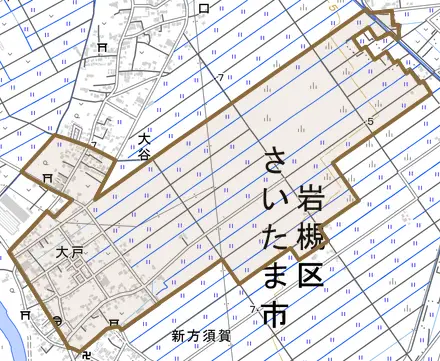大字大戸とその周辺の地図。町の範囲を重ねている
