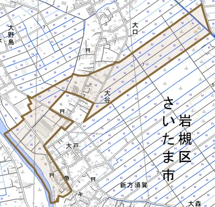 大字大谷とその周辺の地図。町の範囲を重ねている