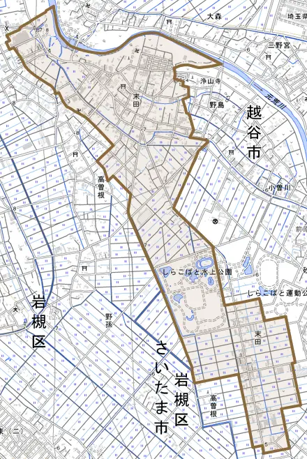 大字末田とその周辺の地図。町の範囲を重ねている