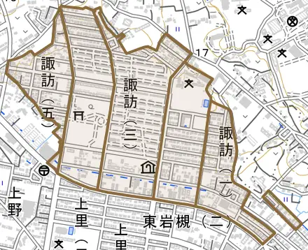 諏訪とその周辺の地図。町の範囲を重ねている