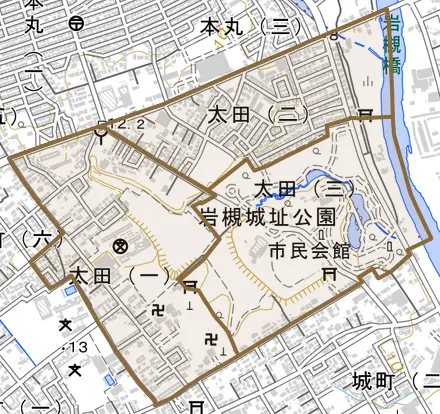 太田とその周辺の地図。町の範囲を重ねている
