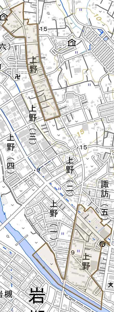 大字上野とその周辺の地図。町の範囲を重ねている