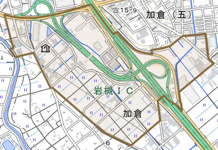 大字加倉とその周辺の地図。町の範囲を重ねている