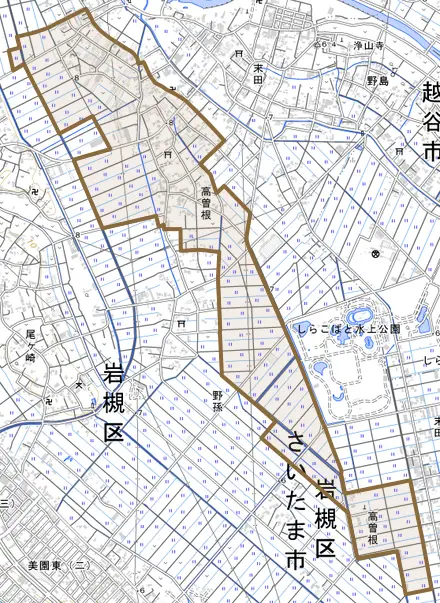 大字高曽根とその周辺の地図。町の範囲を重ねている