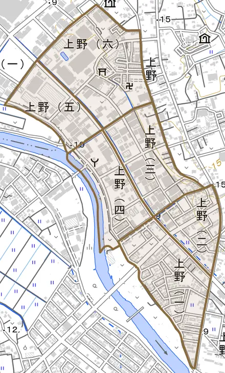 上野とその周辺の地図。町の範囲を重ねている