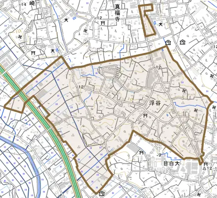 大字浮谷とその周辺の地図。町の範囲を重ねている