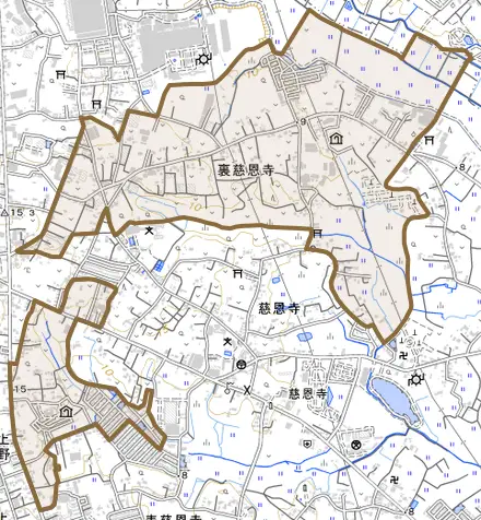 大字裏慈恩寺とその周辺の地図。町の範囲を重ねている