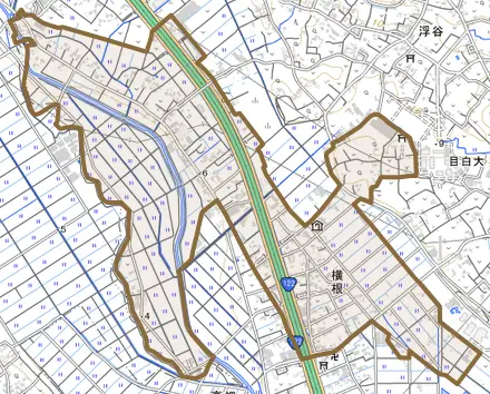 大字横根とその周辺の地図。町の範囲を重ねている