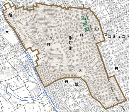 別所町とその周辺の地図。町の範囲を重ねている