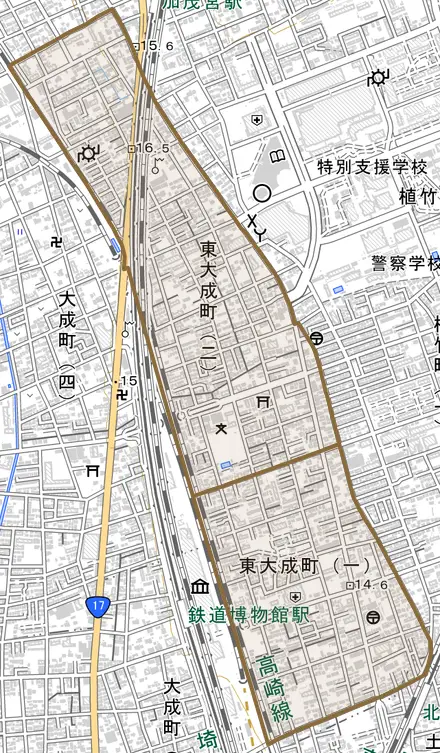 東大成町とその周辺の地図。町の範囲を重ねている