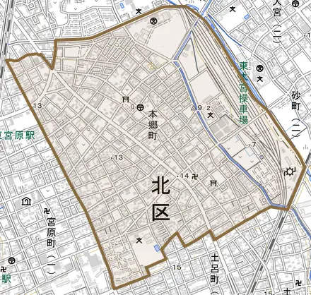 本郷町とその周辺の地図。町の範囲を重ねている