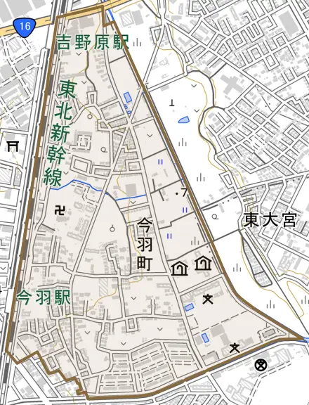 今羽町とその周辺の地図。町の範囲を重ねている