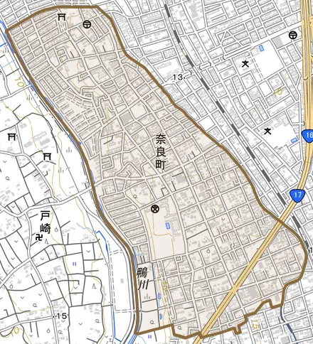 奈良町とその周辺の地図。町の範囲を重ねている