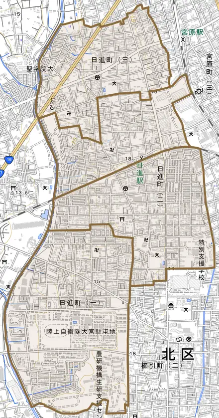 日進町とその周辺の地図。町の範囲を重ねている