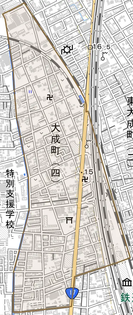 大成町とその周辺の地図。町の範囲を重ねている
