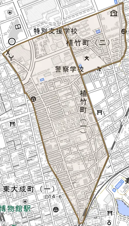 植竹町とその周辺の地図。町の範囲を重ねている