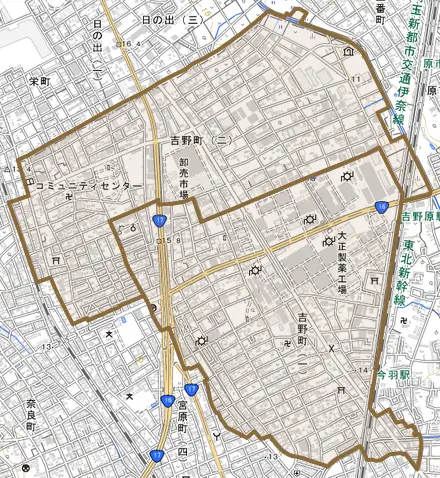 吉野町とその周辺の地図。町の範囲を重ねている