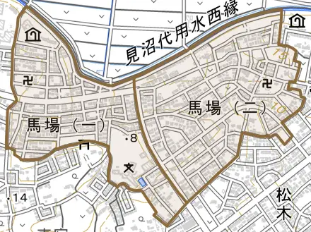 馬場とその周辺の地図。町の範囲を重ねている