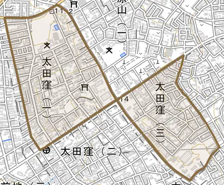 太田窪とその周辺の地図。町の範囲を重ねている