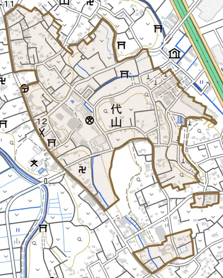 大字代山とその周辺の地図。町の範囲を重ねている