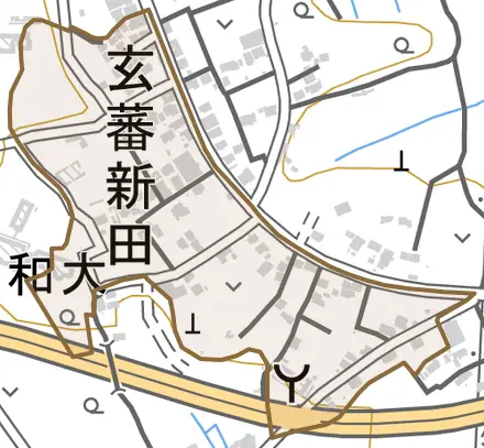大字玄蕃新田とその周辺の地図。町の範囲を重ねている