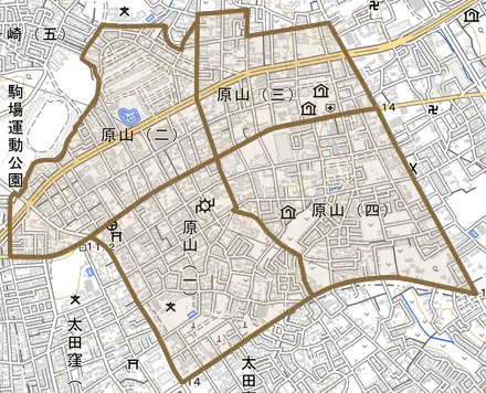 原山とその周辺の地図。町の範囲を重ねている