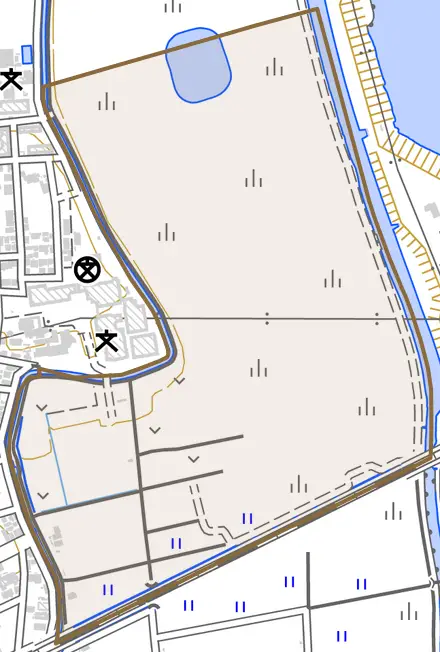 大字蓮見新田とその周辺の地図。町の範囲を重ねている