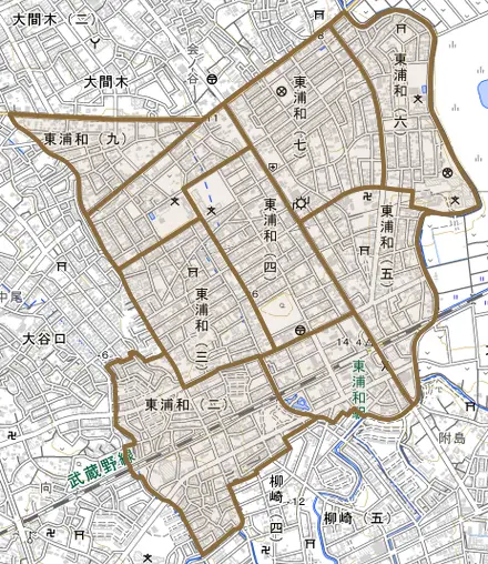 東浦和とその周辺の地図。町の範囲を重ねている