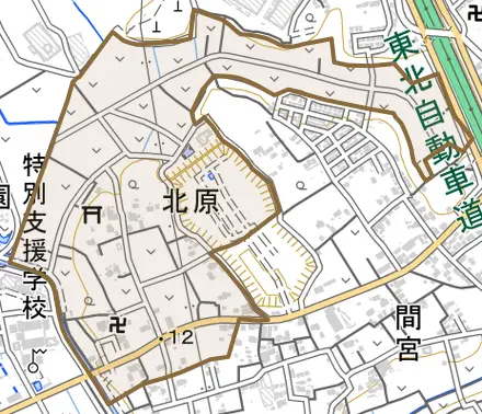 大字北原とその周辺の地図。町の範囲を重ねている