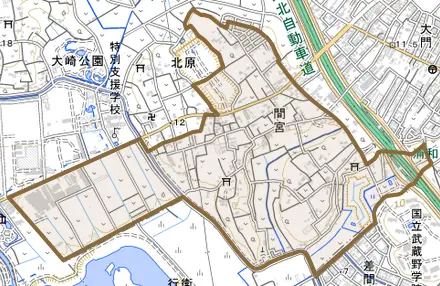 大字間宮とその周辺の地図。町の範囲を重ねている