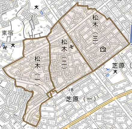 松木とその周辺の地図。町の範囲を重ねている