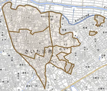 大字三室とその周辺の地図。町の範囲を重ねている