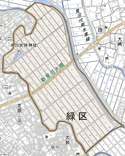 大字見沼とその周辺の地図。町の範囲を重ねている