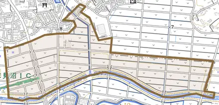大字三浦とその周辺の地図。町の範囲を重ねている