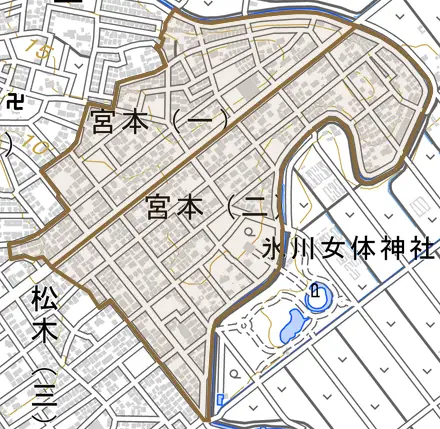 宮本とその周辺の地図。町の範囲を重ねている