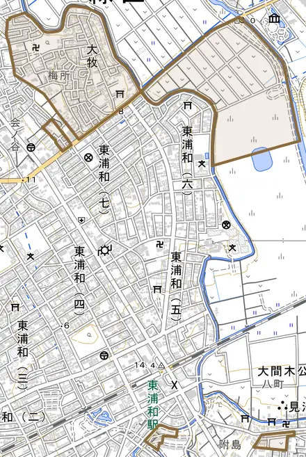 大字大牧とその周辺の地図。町の範囲を重ねている