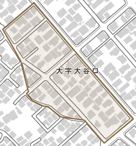 大字大谷口とその周辺の地図。町の範囲を重ねている
