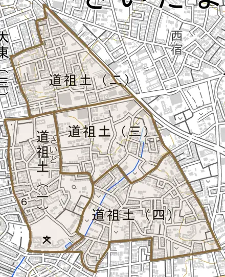 道祖土とその周辺の地図。町の範囲を重ねている