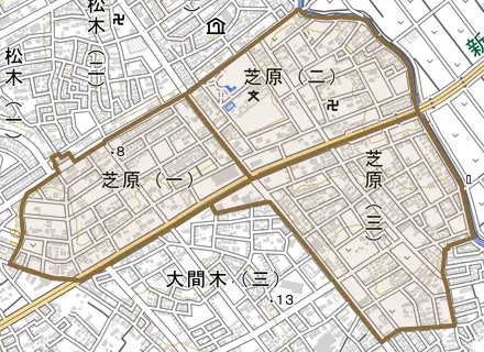 芝原とその周辺の地図。町の範囲を重ねている