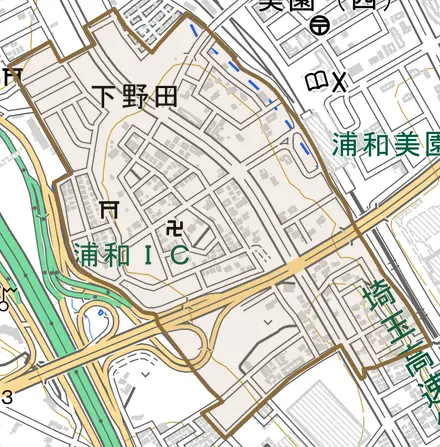 大字下野田とその周辺の地図。町の範囲を重ねている