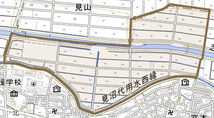 大字新宿とその周辺の地図。町の範囲を重ねている