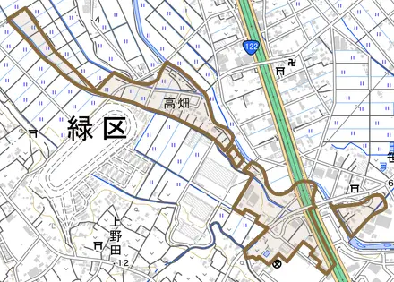 大字高畑とその周辺の地図。町の範囲を重ねている