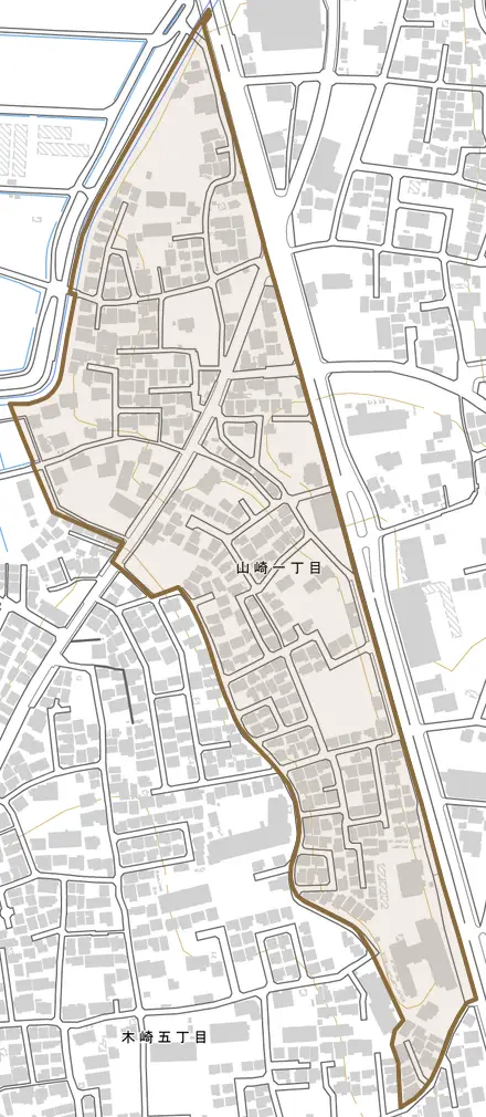 山崎とその周辺の地図。町の範囲を重ねている
