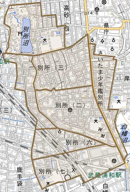 別所とその周辺の地図。町の範囲を重ねている