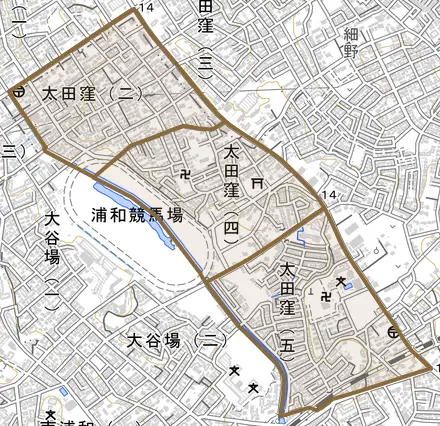 太田窪とその周辺の地図。町の範囲を重ねている