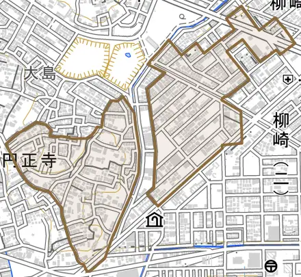 大字円正寺とその周辺の地図。町の範囲を重ねている