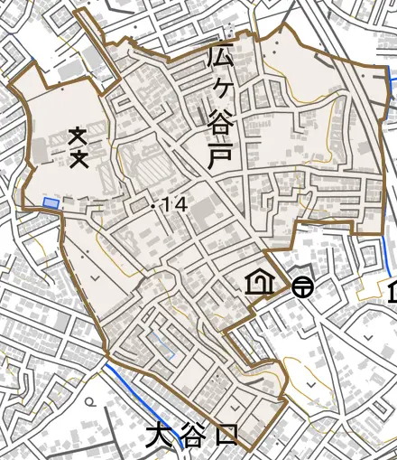 大字広ヶ谷戸とその周辺の地図。町の範囲を重ねている